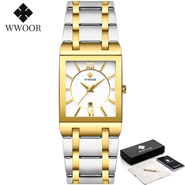 WWOOR Fashion Square White Watches Mens Top Brand Luxury Quartz Wristwatches For Men Casual Waterproof Silver Clock Reloj Hombre