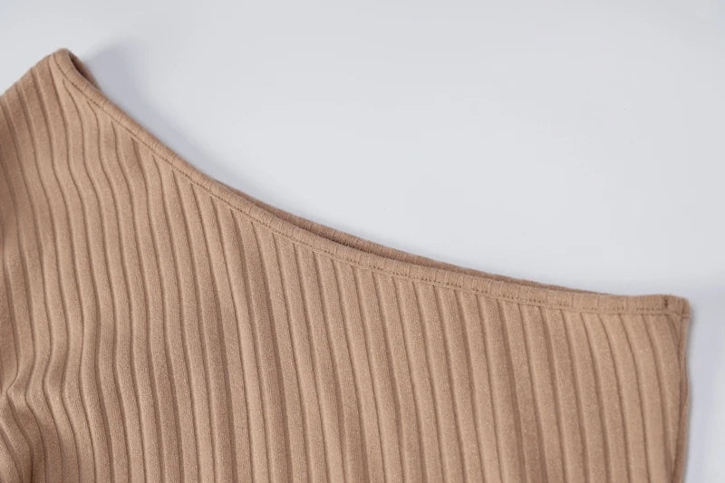 Solid Striped Knitted Women Long Sleeve One Shoulder Midi Dress Bodycon Sexy Streetwear 2021 Autumn Winter Elegant Club