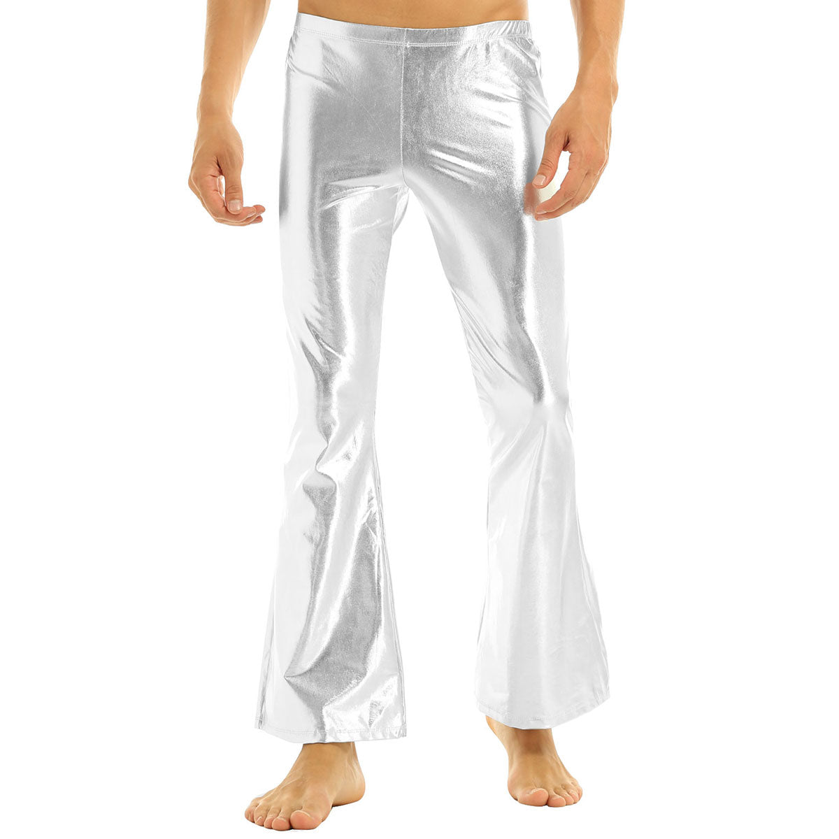 Mens Shiny Metallic 70s Disco Flared Pants Hippie Vintage Hip Hop Carnival Performance Costume Sequins Bell Bottoms Trousers