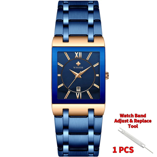 WWOOR Fashion Square White Watches Mens Top Brand Luxury Quartz Wristwatches For Men Casual Waterproof Silver Clock Reloj Hombre