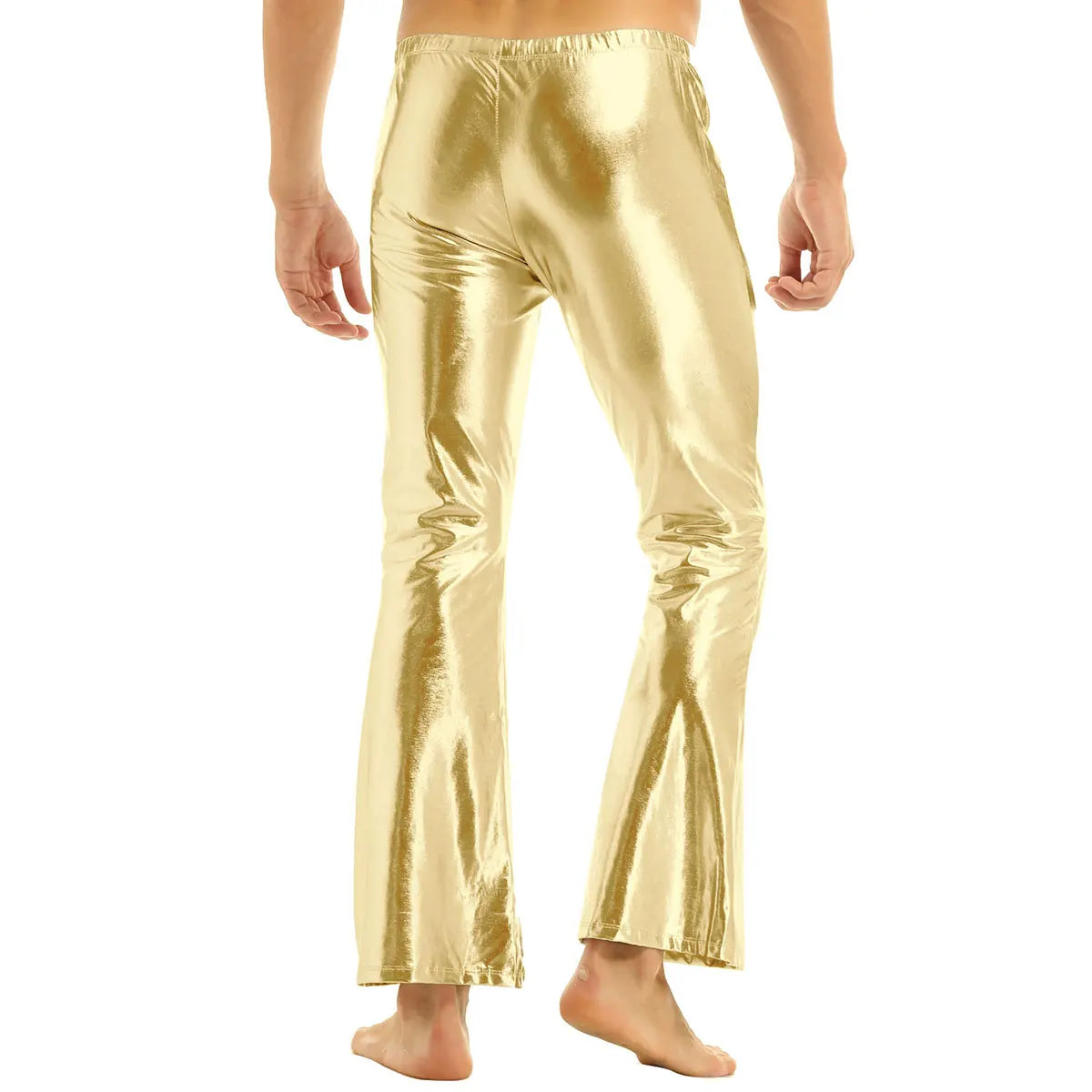 Men Metallic Shiny Flared Pants Retro Disco Costume Elastic Waistband Bell Bottom Trousers Long Pants 70s Party Show Clubwear