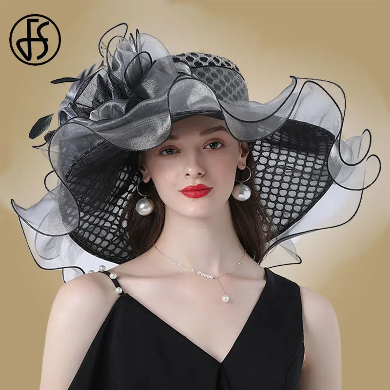 FS Women Organza Red Hats Wedding Fascinators Elegant Big Wide Brim Fedora Kentucky Derby Hats Party Formal Church Ladies Hat