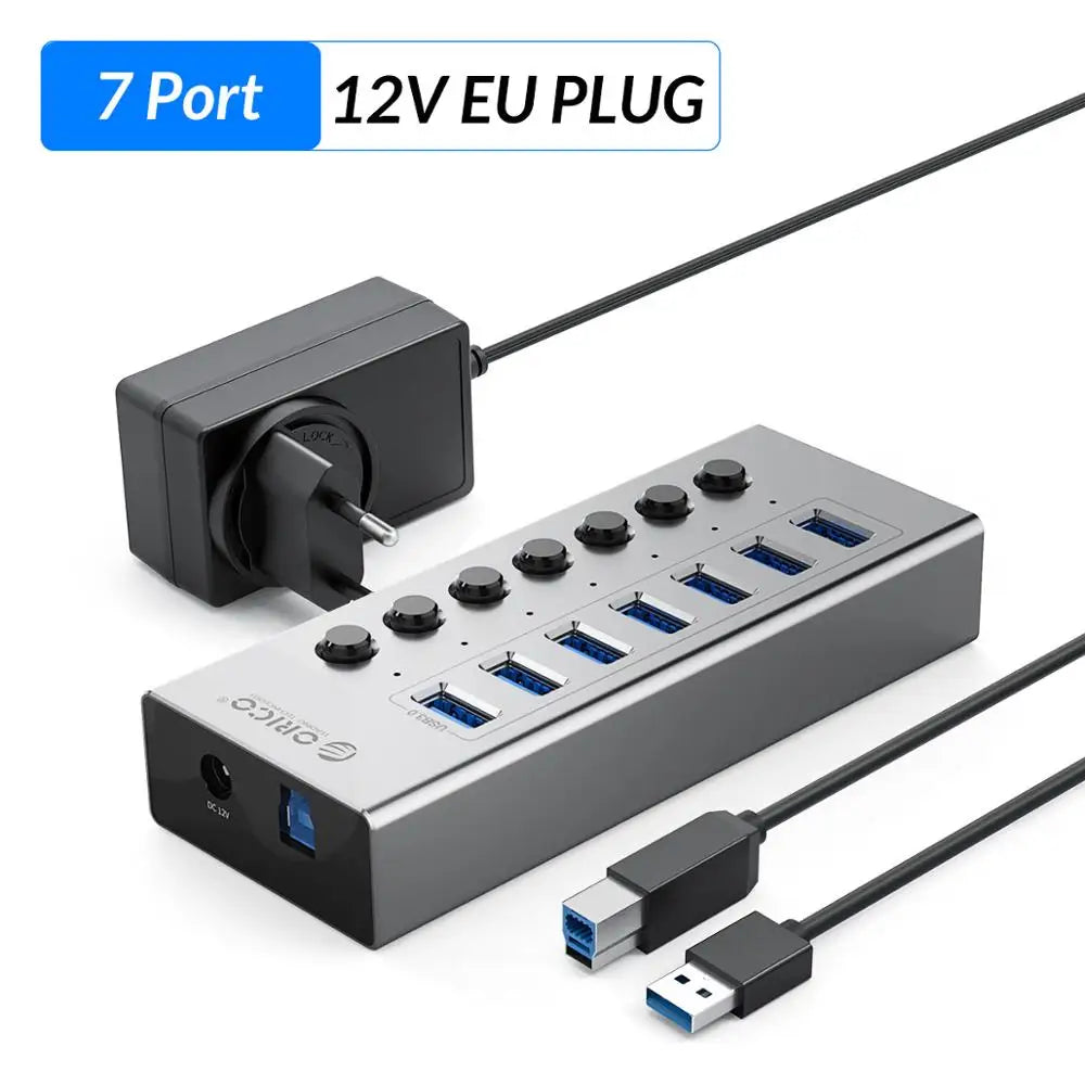 ORICO Industrial USB 3.0 HUB 7/10/13/16 Aluminum USB Splitter On/Off Switch With 12V Power Adapter Support Charging for Computer