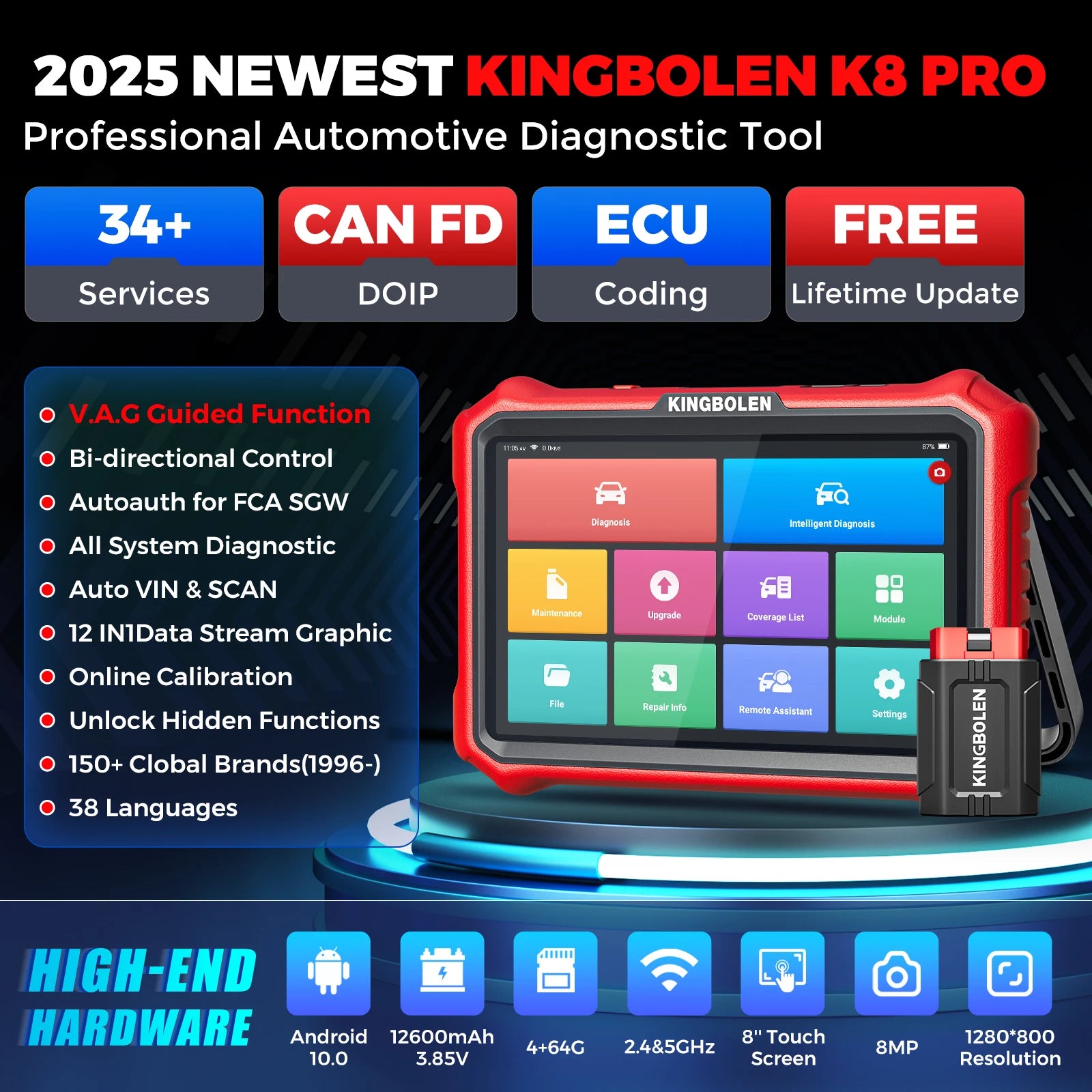 US EU Warehouse KINGBOLEN K8 PRO All System Diagnostic Scan Tool Bi-Directional CAN-FD OBD2 Scanner 34 Reset ECU Coding