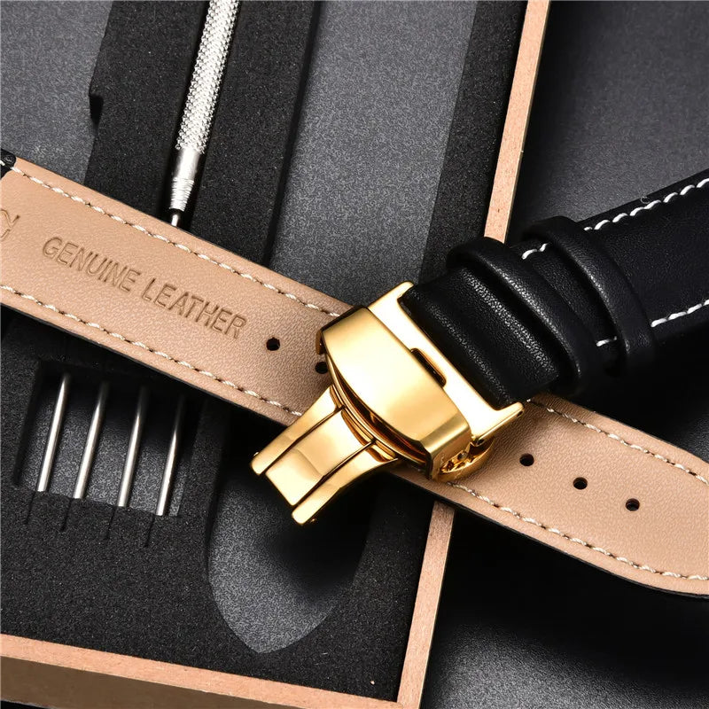 18mm 20mm 22mm 24mm Leather Watch Strap with Box Stainless Steel Butterly Clasp Leather Strap Bracelet Men Women Watchbands
