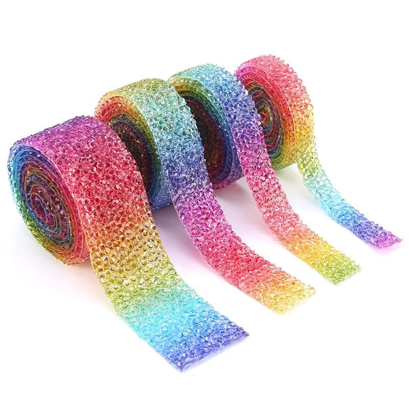 Rainbow Aurora Color Rhinestones Ribbon For Bows Sewing Resin Trim Strass Hot Fix Rhinestone Tape Applicator Iron On Appliques