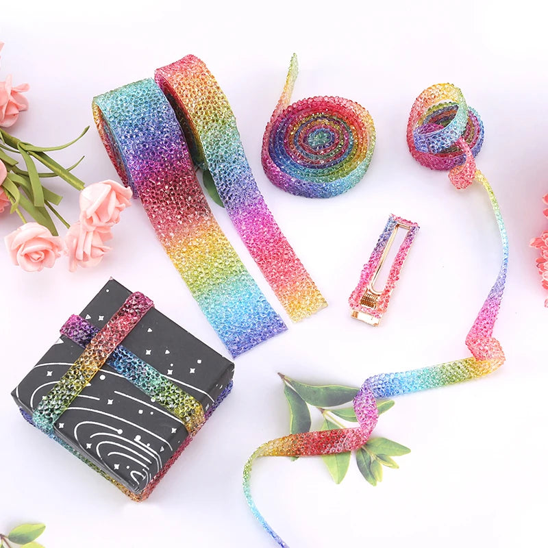 Rainbow Aurora Color Rhinestones Ribbon For Bows Sewing Resin Trim Strass Hot Fix Rhinestone Tape Applicator Iron On Appliques