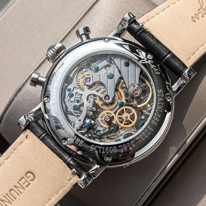Sugess Chronograph ST1908 Movement Vintage Leather Watch Hand Winding Mechanical 59 Wheels Genuine Moonphase Calendar