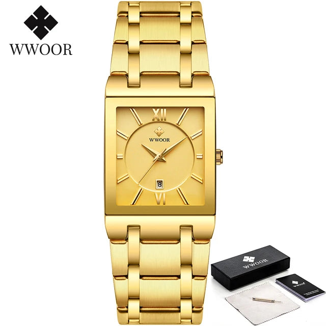 WWOOR Fashion Square White Watches Mens Top Brand Luxury Quartz Wristwatches For Men Casual Waterproof Silver Clock Reloj Hombre