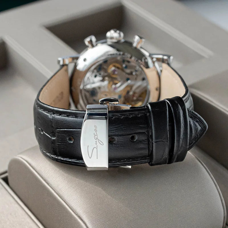 Sugess Chronograph ST1908 Movement Vintage Leather Watch Hand Winding Mechanical 59 Wheels Genuine Moonphase Calendar