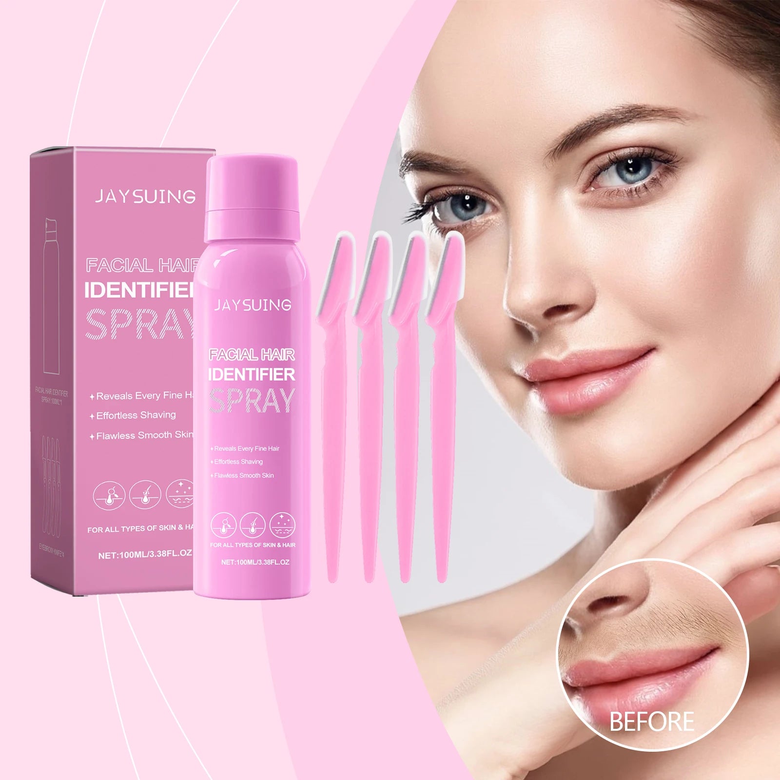 Jaysuing Gentle Daily Care Hair Removal Spray Facial Hair Recognition Facial Cleanser Softens Hair for Shaving & Hair Removal