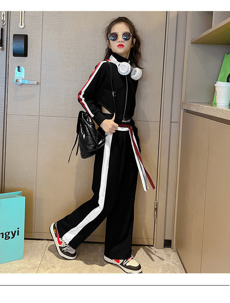 Teenager Girl Sports autumn winter Kids Clothes crop top Hooded Jacket + wide leg pants Tracksuit Children 9 10 11 12 13 14year