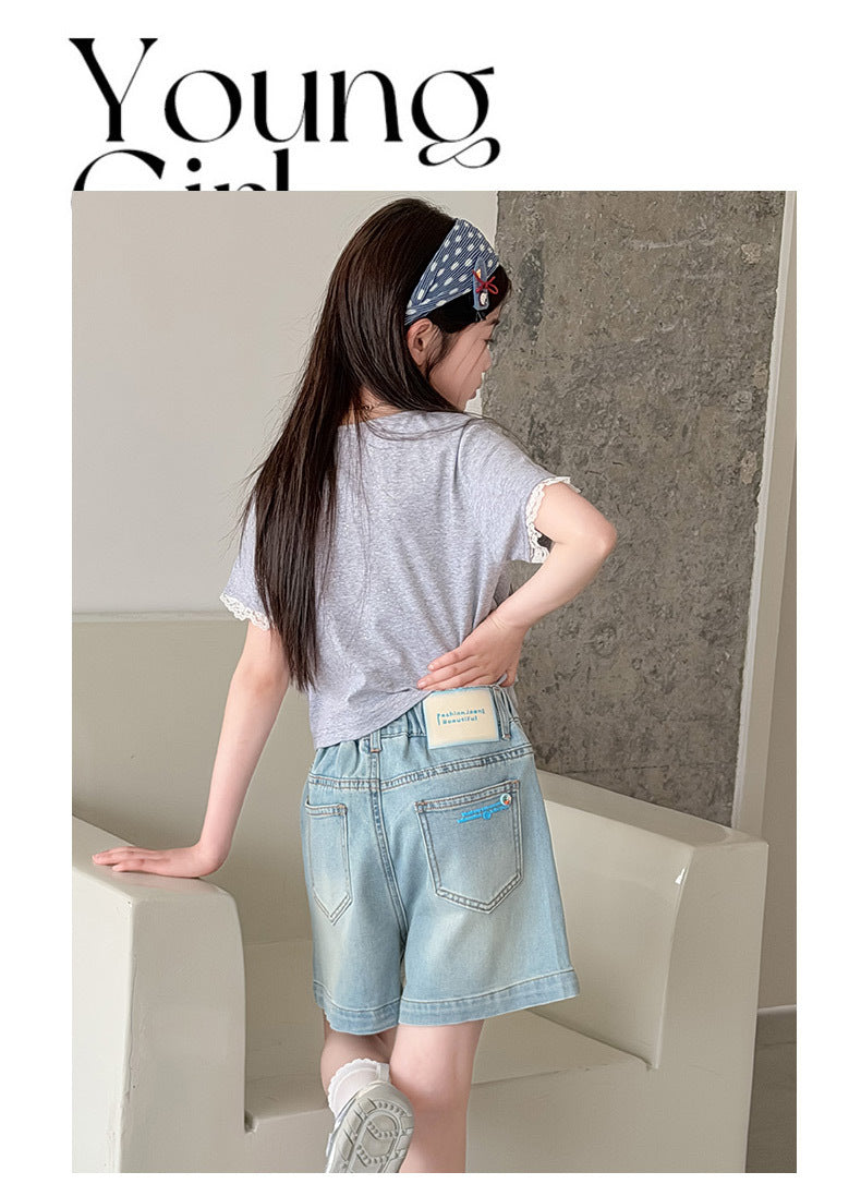 Summer Teenager Girls Denim Shorts Casual Pocket Letters Shorts Junior Girl Kids Clothes 4-14Years