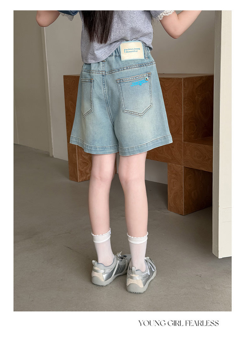 Summer Teenager Girls Denim Shorts Casual Pocket Letters Shorts Junior Girl Kids Clothes 4-14Years