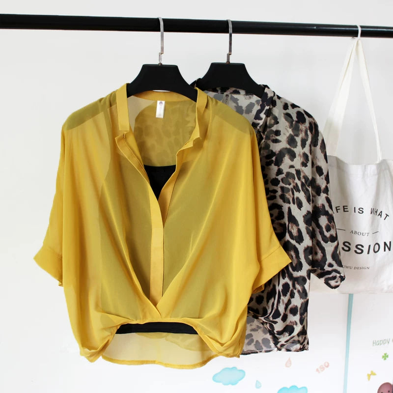 Summer Two Piece Set Chiffon Blouse Half Sleeve Loose V-Neck Women Shirts Elegant Casual Tops