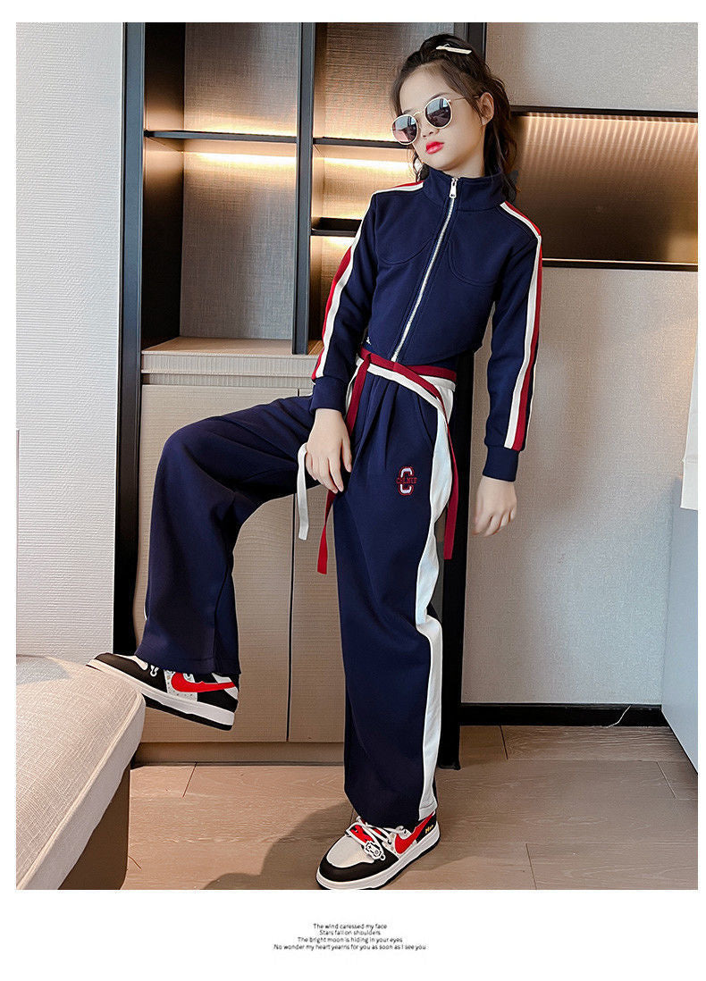 Teenager Girl Sports autumn winter Kids Clothes crop top Hooded Jacket + wide leg pants Tracksuit Children 9 10 11 12 13 14year