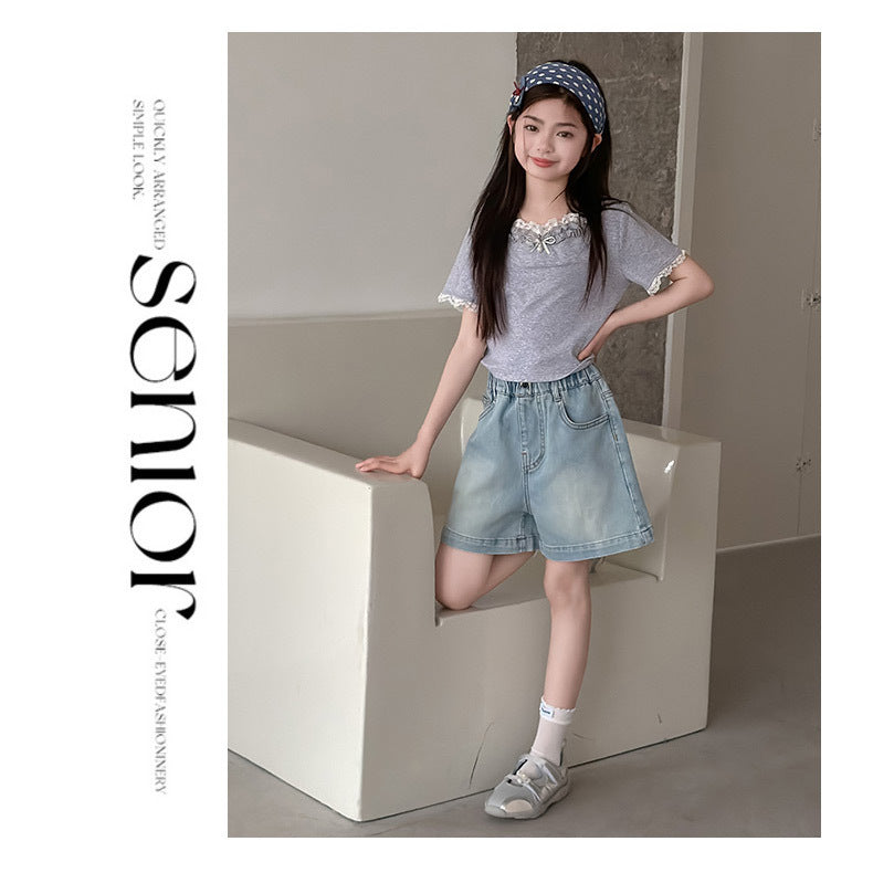 Summer Teenager Girls Denim Shorts Casual Pocket Letters Shorts Junior Girl Kids Clothes 4-14Years