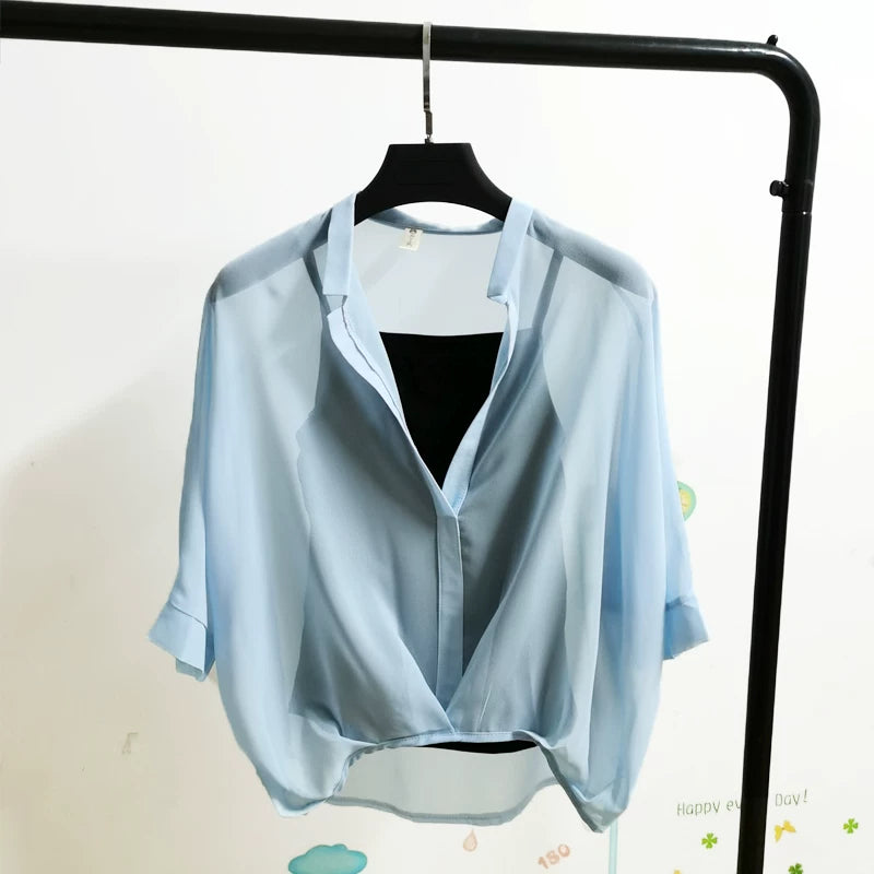 Summer Two Piece Set Chiffon Blouse Half Sleeve Loose V-Neck Women Shirts Elegant Casual Tops
