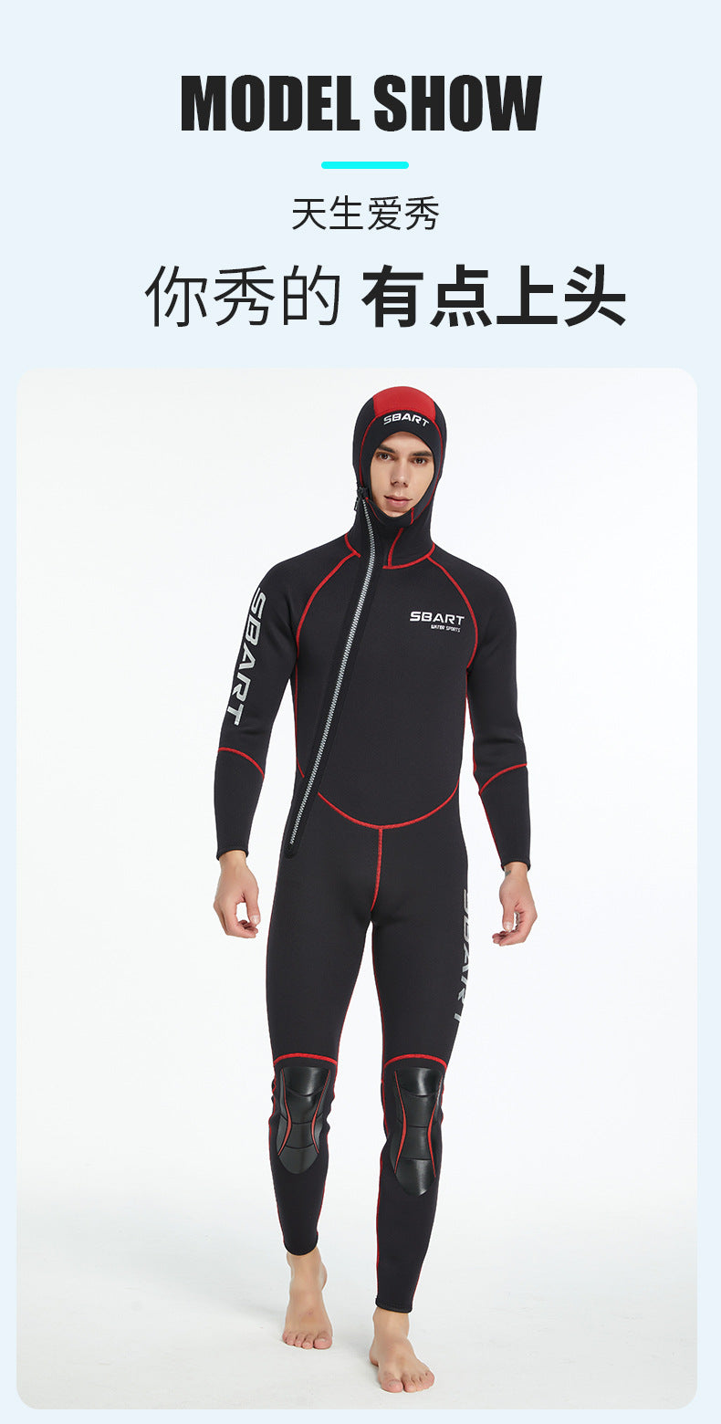 3mm Neoprene Wetsuit Men Hooded Warm One-piece Long Sleeve Diving Suit Cold Proof Sunscreen Surfing Swimming Snorkeling Swimsuit