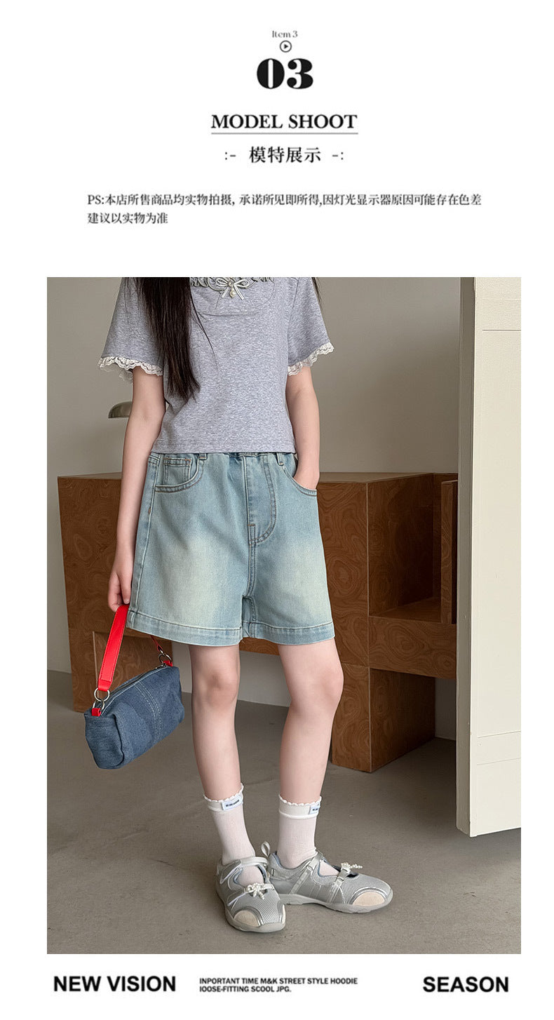 Summer Teenager Girls Denim Shorts Casual Pocket Letters Shorts Junior Girl Kids Clothes 4-14Years