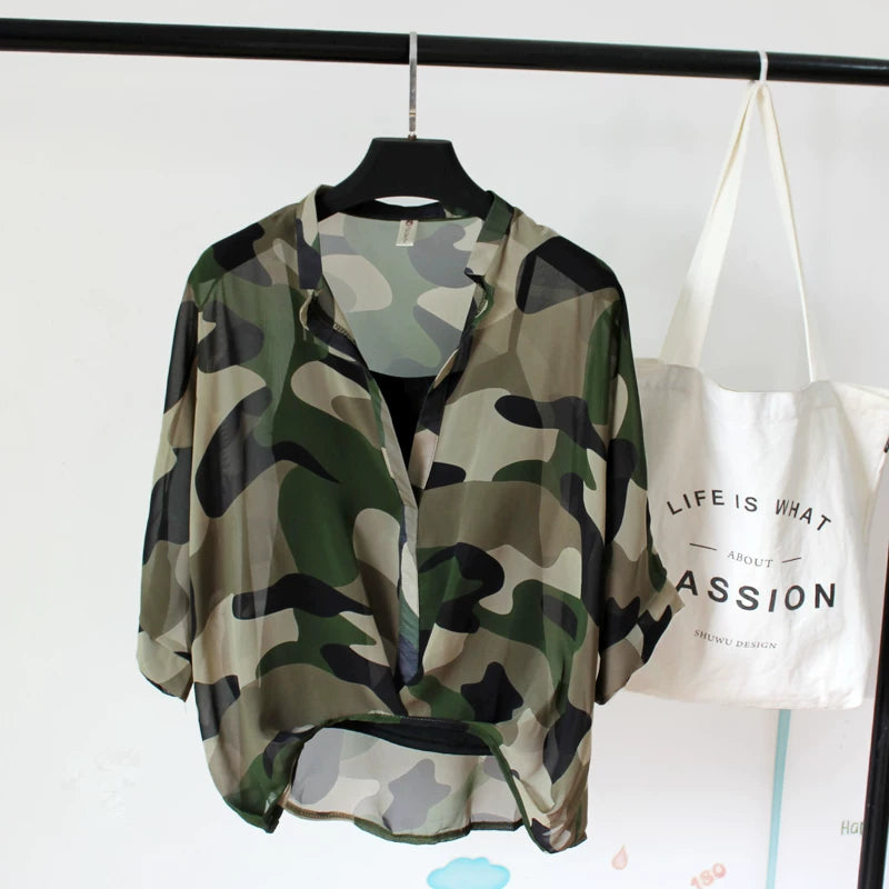 Summer Two Piece Set Chiffon Blouse Half Sleeve Loose V-Neck Women Shirts Elegant Casual Tops
