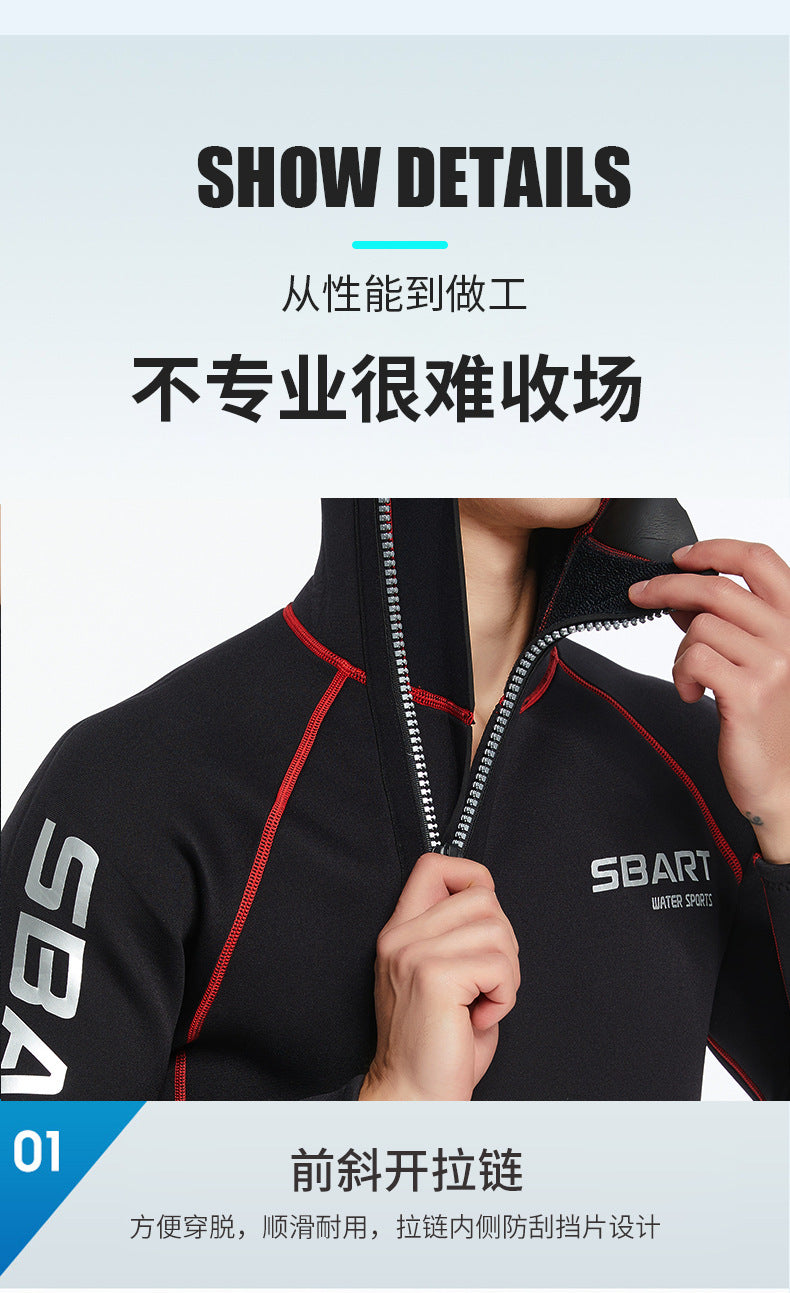 3mm Neoprene Wetsuit Men Hooded Warm One-piece Long Sleeve Diving Suit Cold Proof Sunscreen Surfing Swimming Snorkeling Swimsuit