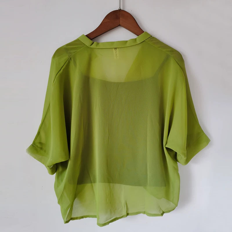 Summer Two Piece Set Chiffon Blouse Half Sleeve Loose V-Neck Women Shirts Elegant Casual Tops
