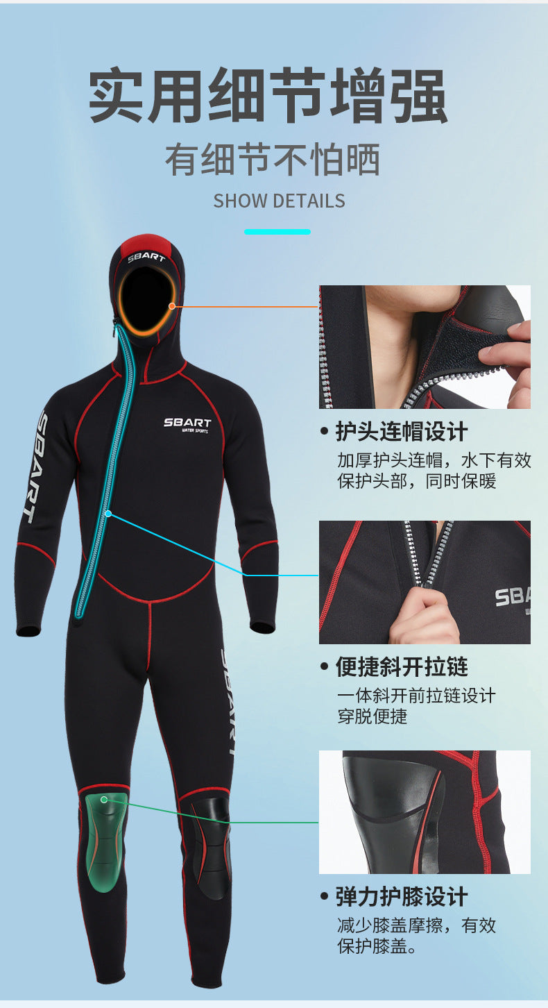 3mm Neoprene Wetsuit Men Hooded Warm One-piece Long Sleeve Diving Suit Cold Proof Sunscreen Surfing Swimming Snorkeling Swimsuit