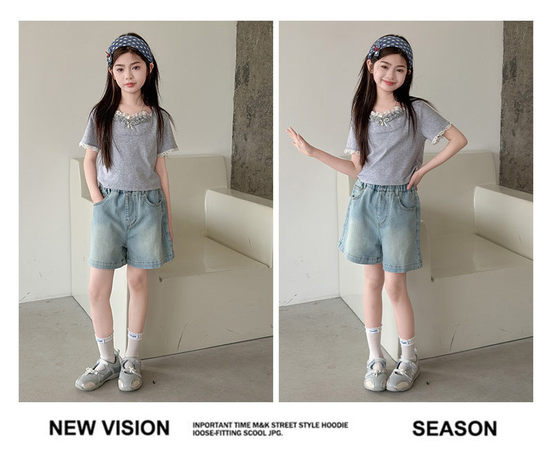 Summer Teenager Girls Denim Shorts Casual Pocket Letters Shorts Junior Girl Kids Clothes 4-14Years