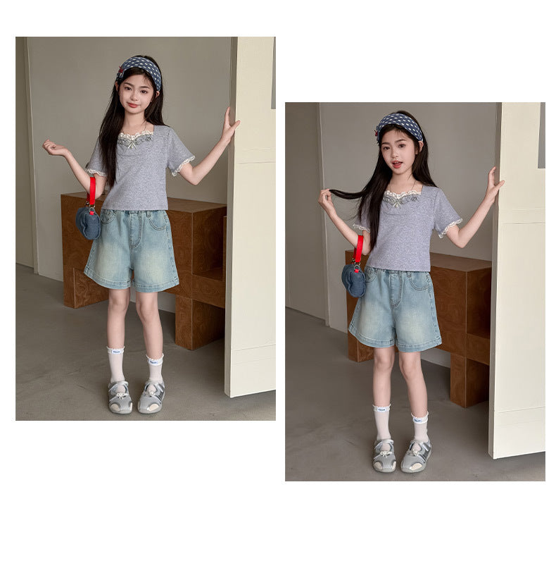 Summer Teenager Girls Denim Shorts Casual Pocket Letters Shorts Junior Girl Kids Clothes 4-14Years