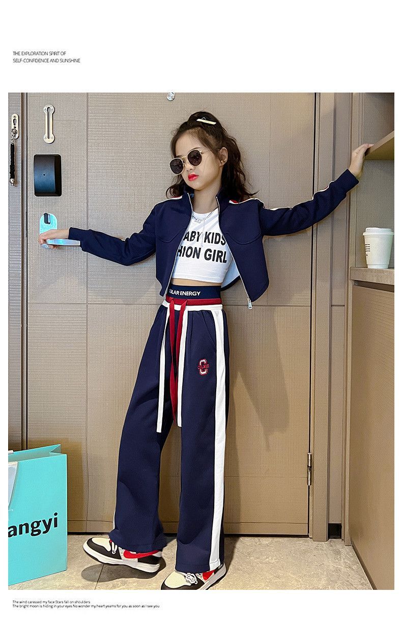 Teenager Girl Sports autumn winter Kids Clothes crop top Hooded Jacket + wide leg pants Tracksuit Children 9 10 11 12 13 14year