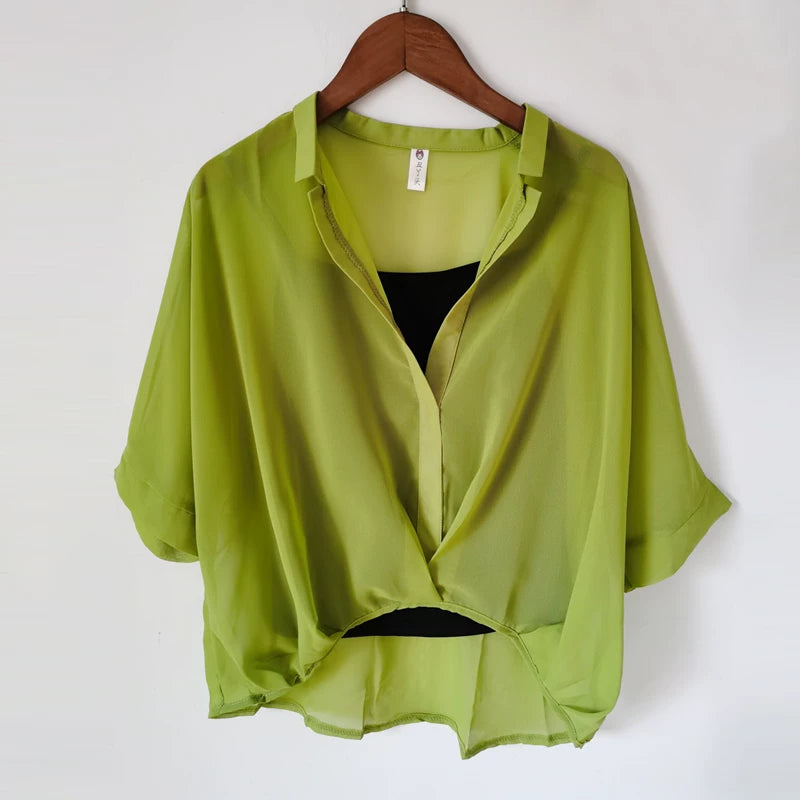 Summer Two Piece Set Chiffon Blouse Half Sleeve Loose V-Neck Women Shirts Elegant Casual Tops