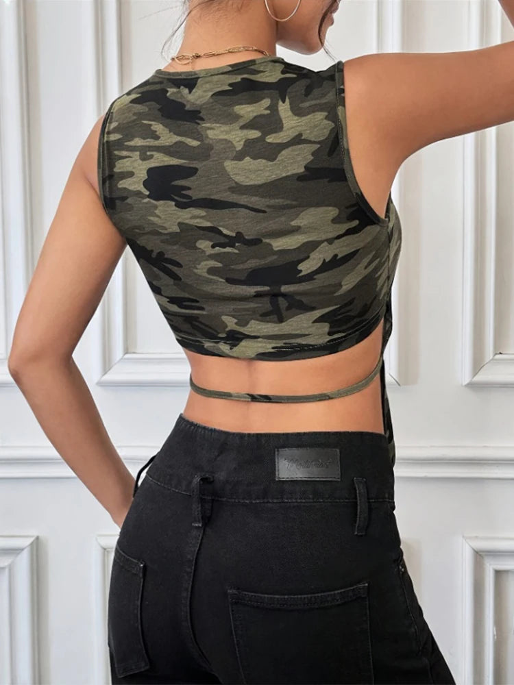 Summer Casual Sleeveless Tank Top Women's Camouflage Pattern Longer Front and Shorter Back Vest Suitable for Fitness and Sports