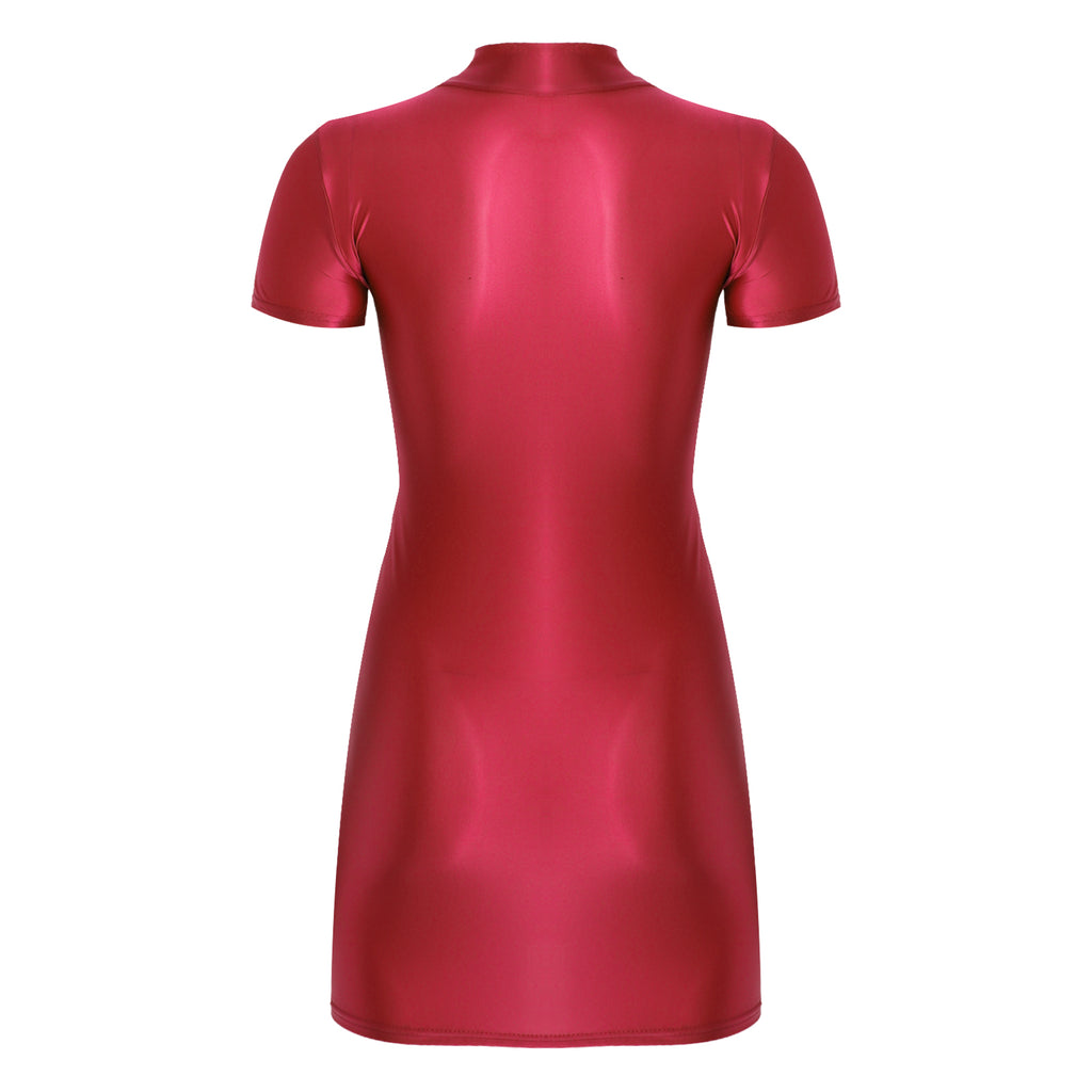 Women's  Solid Color Smooth Stretchy Mock Neck Tight Party Dresses Female Dresses Glossy Long Sleeve Bodycon Dress Nightwear