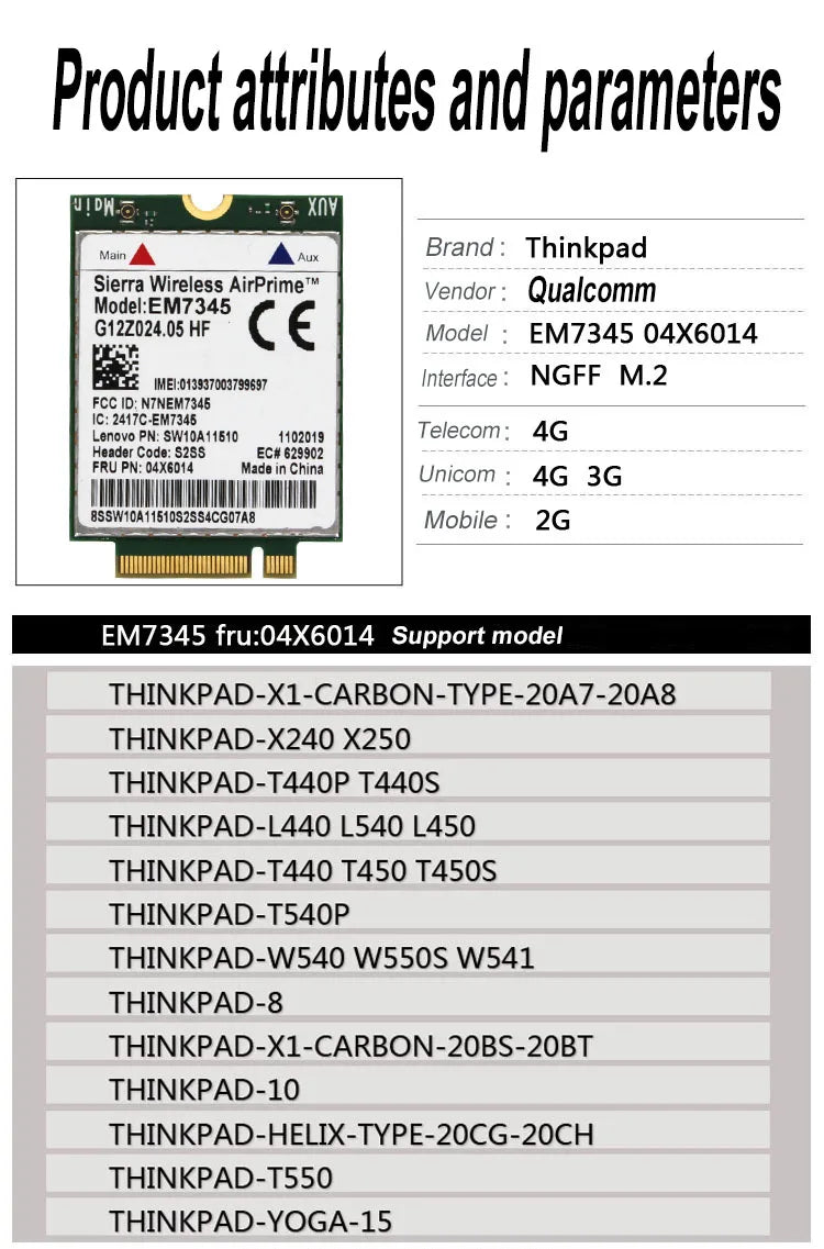 WDXUN for EM7345 4G LTE Mobile Broadband 4G CARD WWAN EM7345 Module 04X601904X6014 For X240 T440 T440P X250 T450 LTE 4G