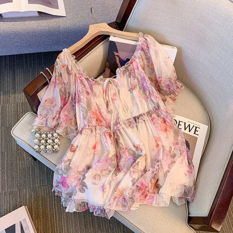 150Kg Plus Size Women's Bust 130-150 Summer Chiffon Shirt Thin Floral Top Decor 5XL 6XL 7XL 8XL 9XL