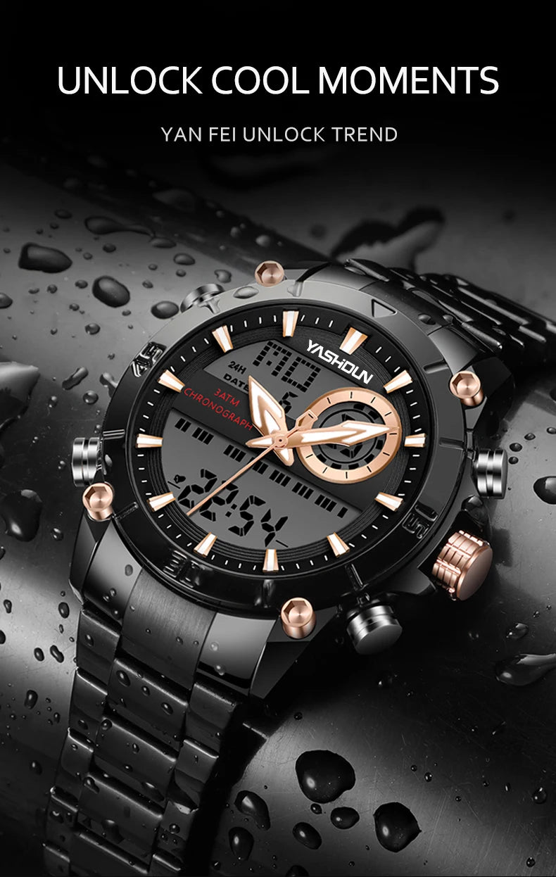 Multi-functional sports men's watch with dual movement electronic steel band luminous waterproof quartz wristwatch