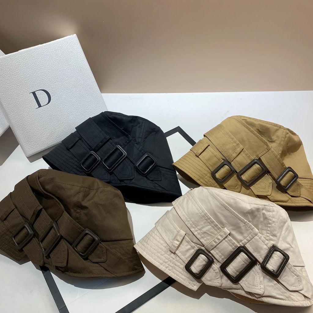 Luxury Panama Belt Buckle Bucket Hat Outdoor Sunscreen Women's Fisherman Hat Fashion Casual Beach Sun Hats Flat Top Basin Cap