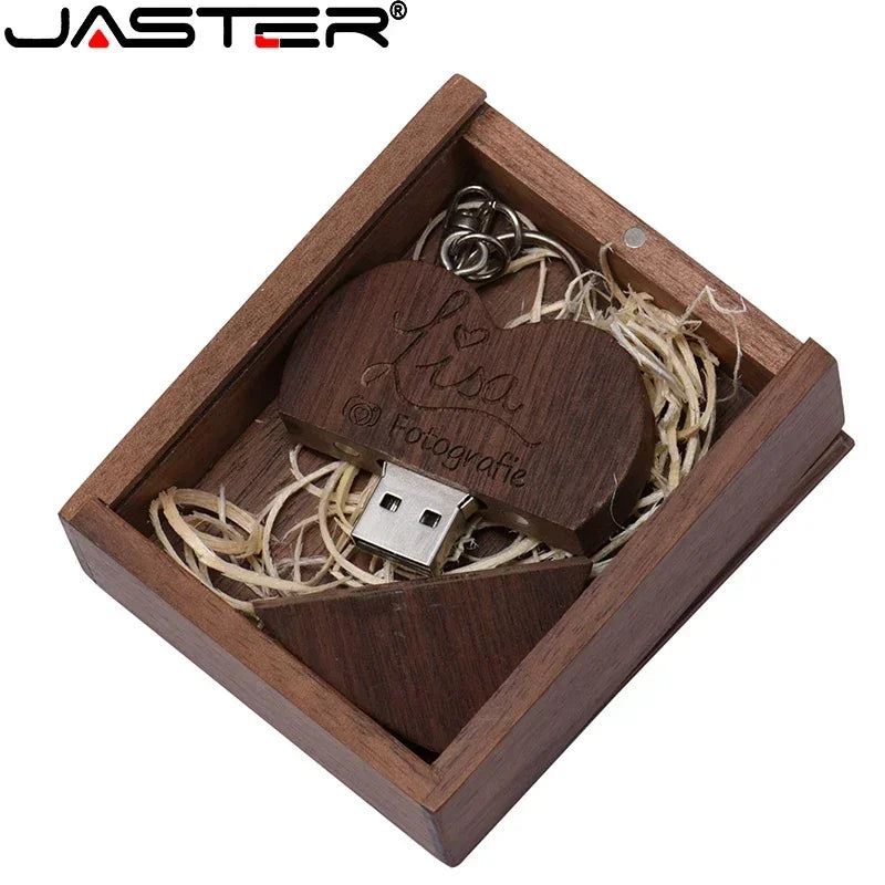 JASTER 10PCS/LOT Wooden Heart USB 2.0 Flash Drives 128GB  Free custom logo key chain Pen drive 64GB 32GB Business gift USB stick