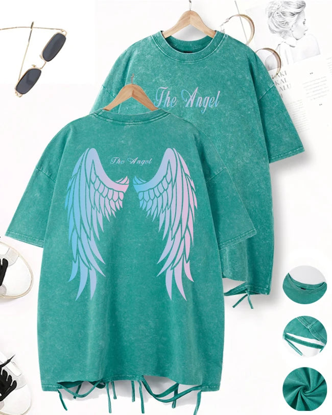 Gradient Wings Design Washed Holes T-Shirt Men Sport Cool Short Sleeve Breathable Cotton O-Neck Top Casual Unisex Loose Clothes
