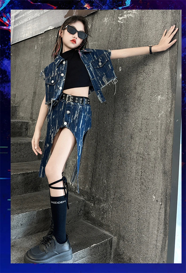 junior Girls Street Jazz Dance Set short denim vest jacket+Irregular skirt black top shorts belt teen girls clothes suit outfits