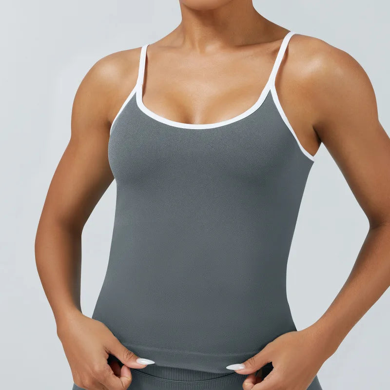 Women Color Blocking Gym Sports Short Tops Summer Yoga Fitness Sexy Backless Knit Camis with Chest Cushion Suspender