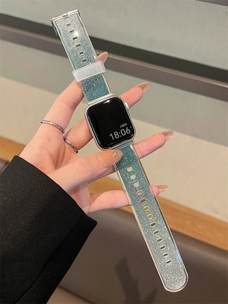Luxury Glitter Clear Band For Apple Watch Strap 41mm 45mm 44mm 40mm 38mm Girl Sport Plastic Starp For iWatch 9 8 7 6 5 4 3 2 SE