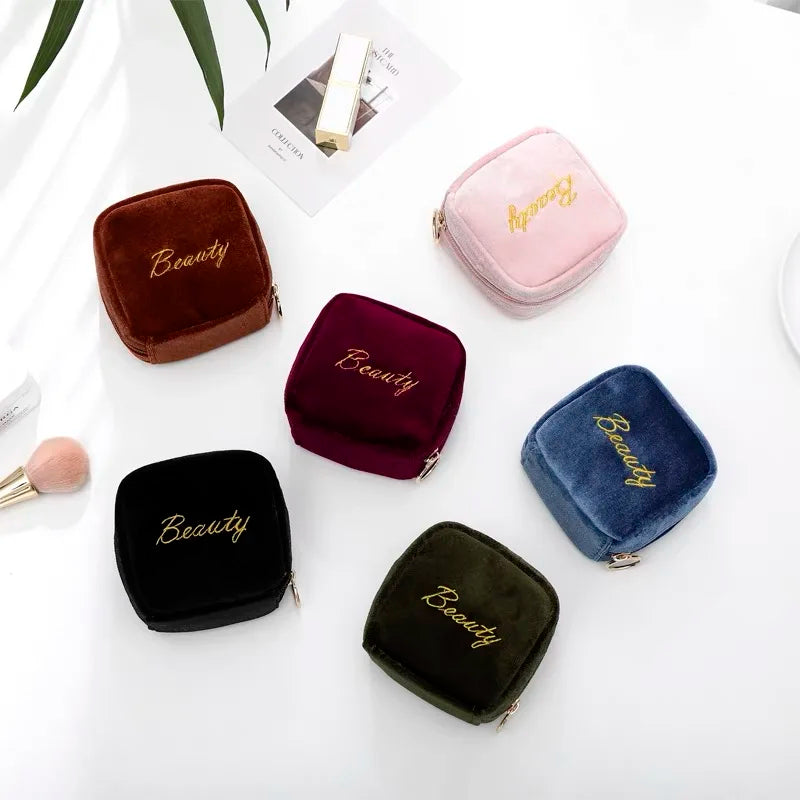 Velvet Embroidery Cosmetic Bag Sanitary Pad Pouches Portable Durable Makeup Lipstick Data Cables Organizer Toiletry Beauty Case