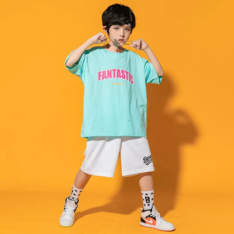 Boys Street Dance Blue T-shirt Shorts Girls Hip Hop Crop Top Skirt Outfits Kids Summer Costume Clothes Sets Children Streetwear