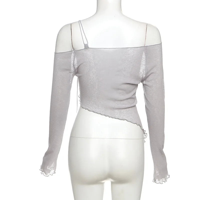 Asymmetrical T Shirts For Women Y2k Clothes Off Shoulder Sexy Streetwear Long Sleeve Crop Top Lace-up Camisetas Ropa De Mujer