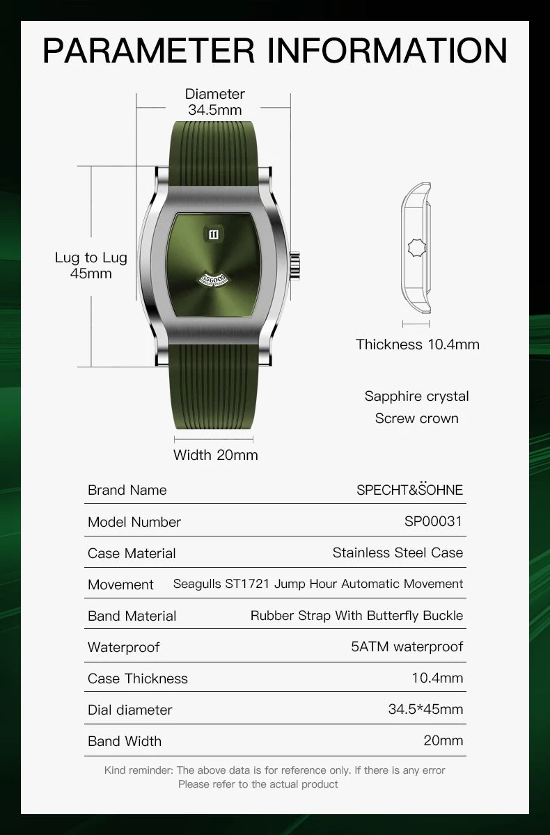 Luxury New Fashion Specht & Söhne Retro Square Men's Watch Seagull Jump Hour Mechanical Watches Sapphire Crystal 50M Waterproof