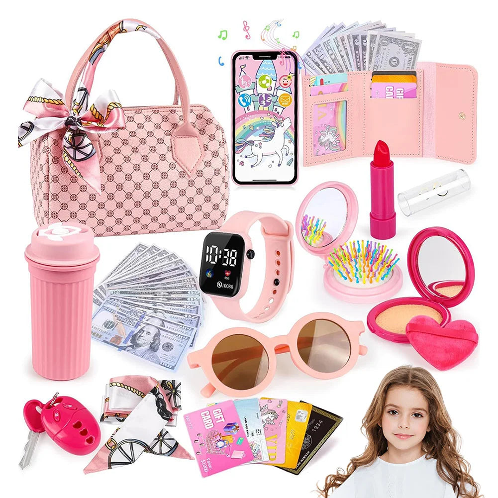 Little Girls Play Purse Princess Gifts Play Purse Set Cell Phone/Makeup/Keys Credit Card/Water Bottle/Sunglasses for Ages 3+