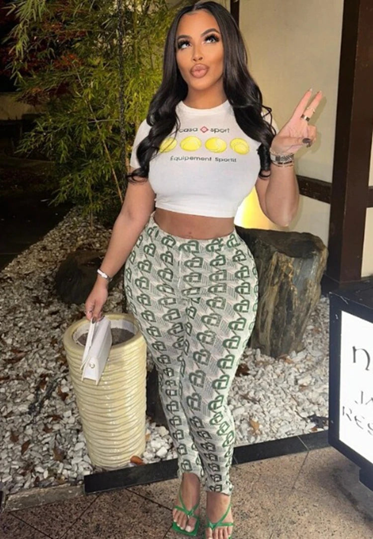 STYLISH LADY Letter Printed Fitness 2 Piece Set Women Short Sleeve Crop Top and Skinny Pant Suits 2025 Casual Street Tracksuits