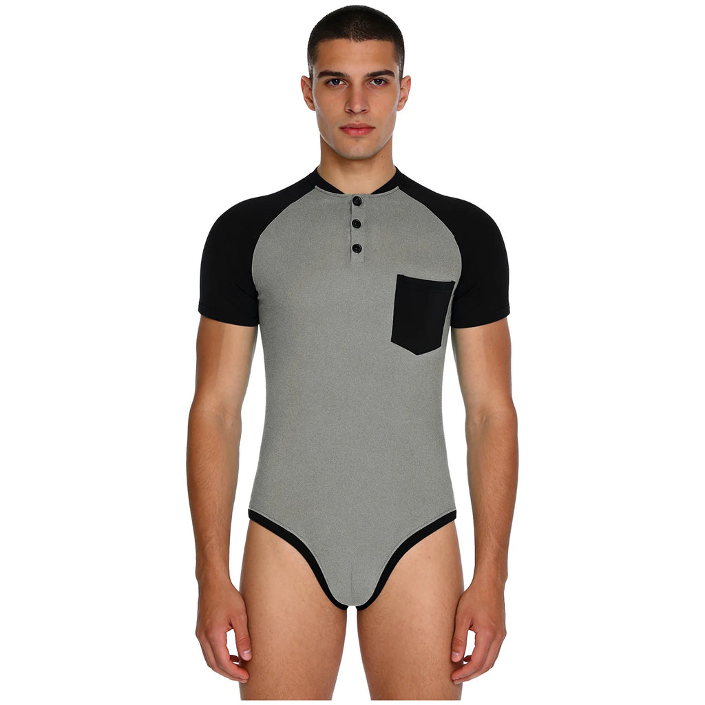 Men Workout Fitness Gym Sport Bodysuit Short Sleeve Openable Crotch Patchwork Jumpsuit for Workout Gym Sports Swimming Outfits